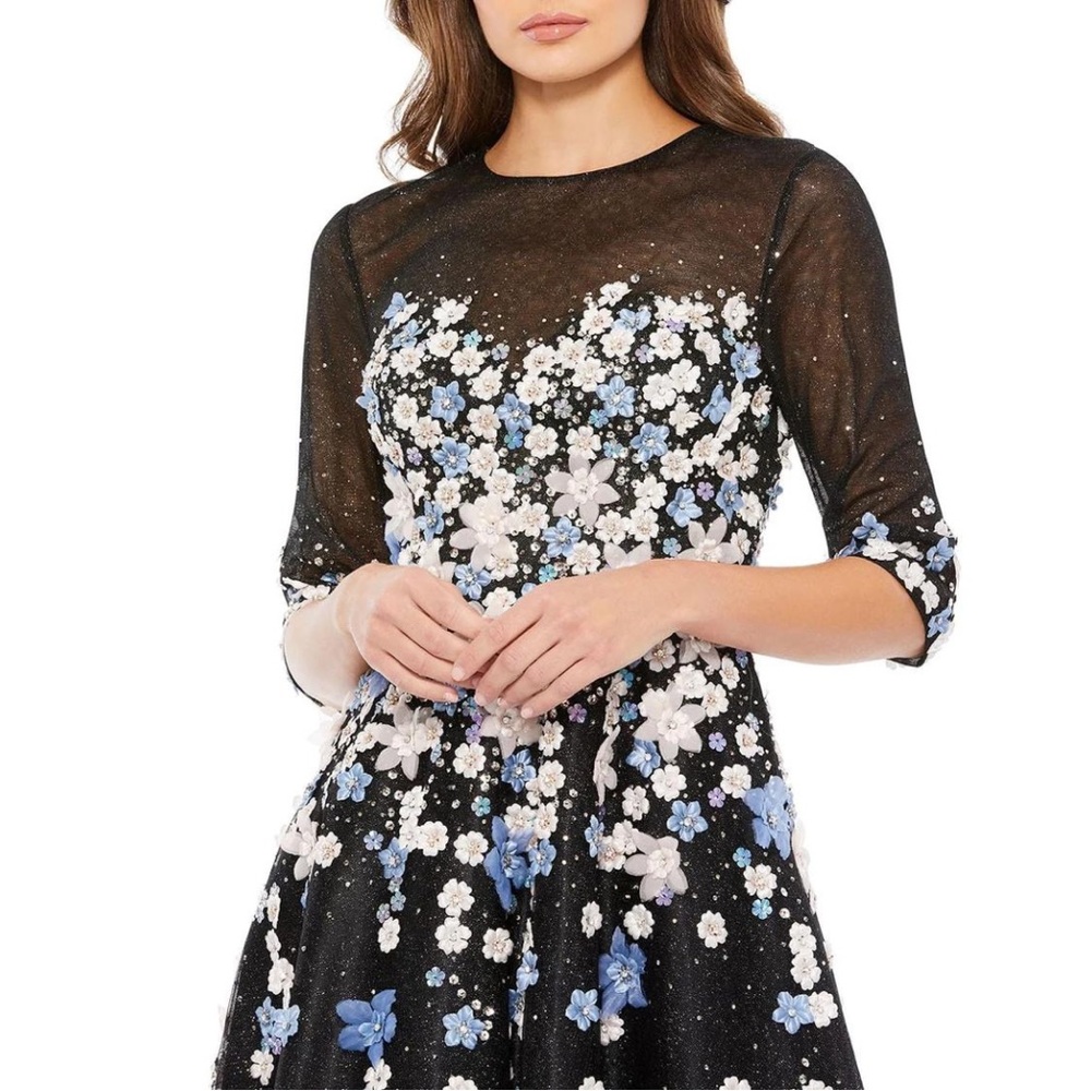 Mac Duggal Black Midi Dress with Blue and White Floral Appliqué - Picture 3 of 7